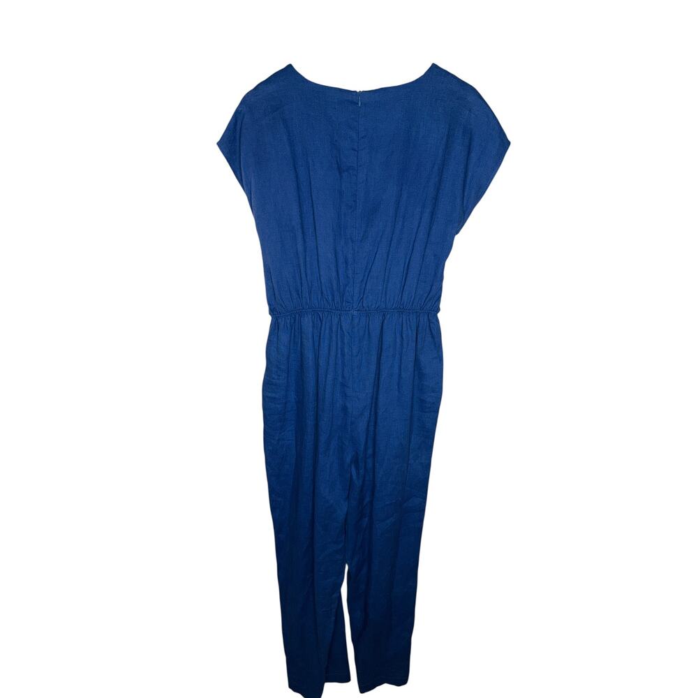 Aqua Women's Blue Tie Waist Linen Jumpsuit Cropped Straight Leg Size Large - Picture 9 of 11
